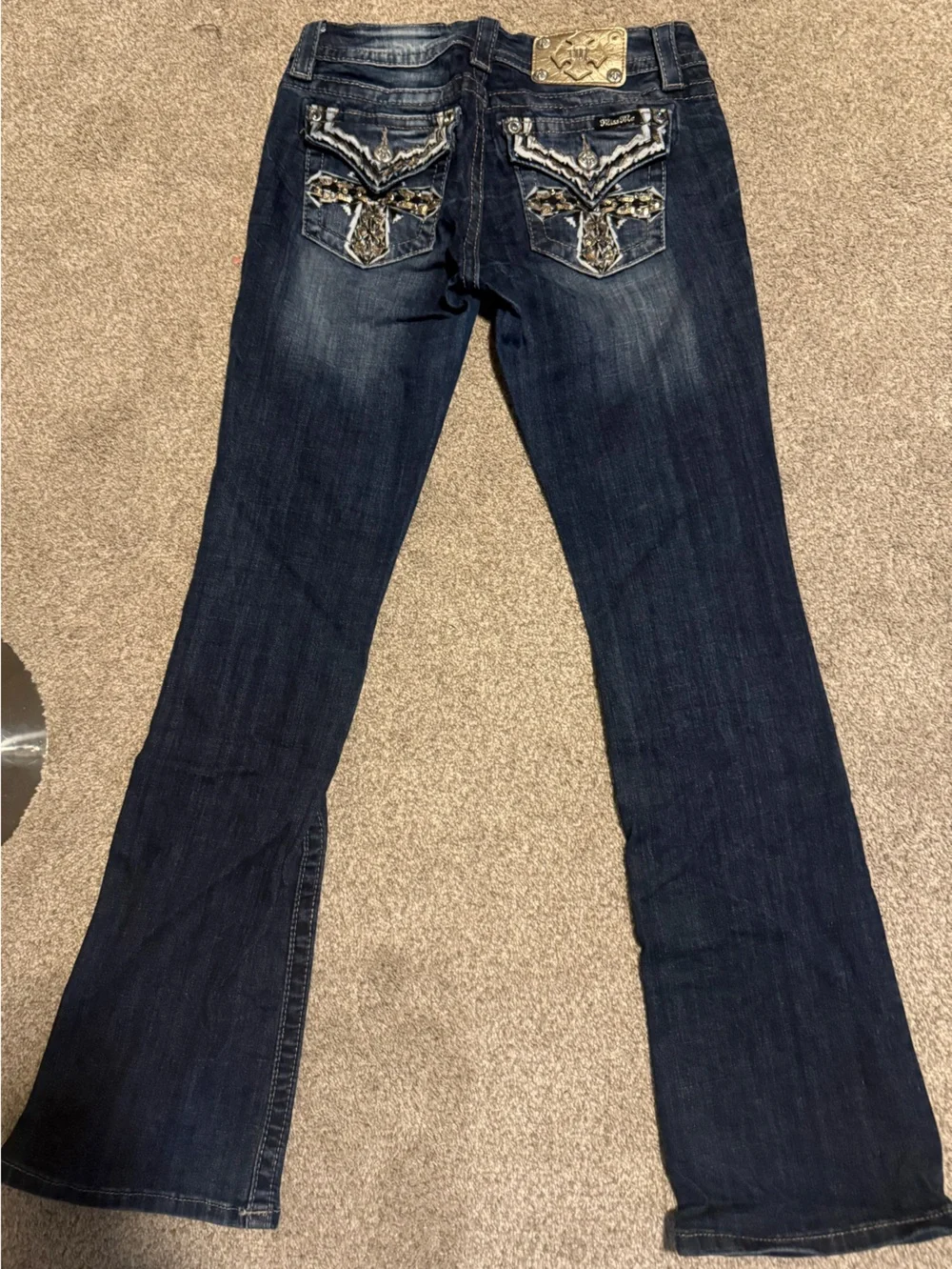Miss Me Dark Blue Boot Cut Jeans with Embroidered Rhinestone Pockets